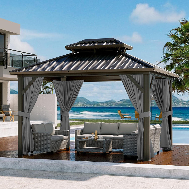 10'x12' Hardtop Gazebo – Aluminum Frame, Tin Roof, Curtains & Netting for Backyard Patio Garden