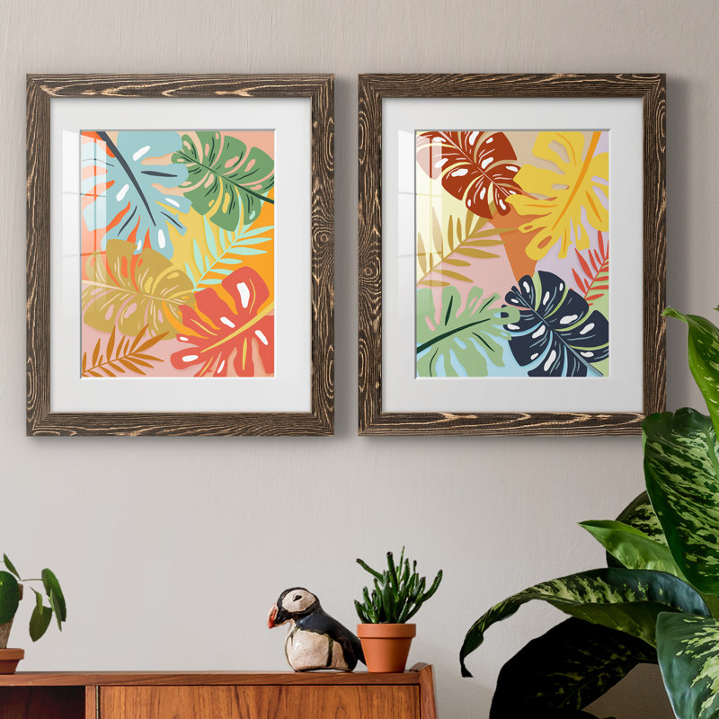 «Tropical Foliage I», ensemble de 2 impressions, H 20 po x l 34 po x P 1,5 po, Papier, cadre noyer