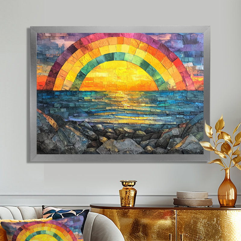 Coastal Rainbow Over The Rocky Shoreline - Art mural arc-en-ciel, H 34 po x l 44 po, Cadre flottant doré