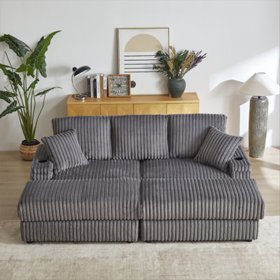 84" 4-Piece Sleeper Sofa with 2 Decorative Cushions and 2 Ottomans with Storage