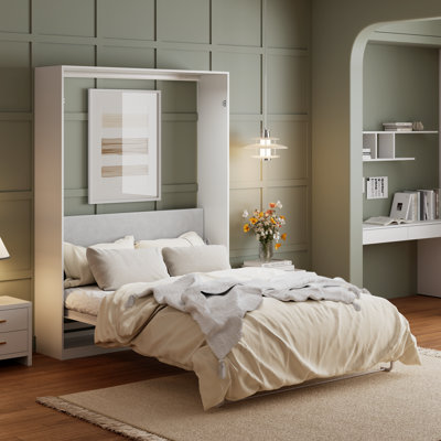 Lit escamotable Queen avec sommier à lattes en bois, armoire de lit murale moderne avec porte à panneaux géométriques, cadre de lit pliable gain de place pour chambre à coucher et chambre d'amis