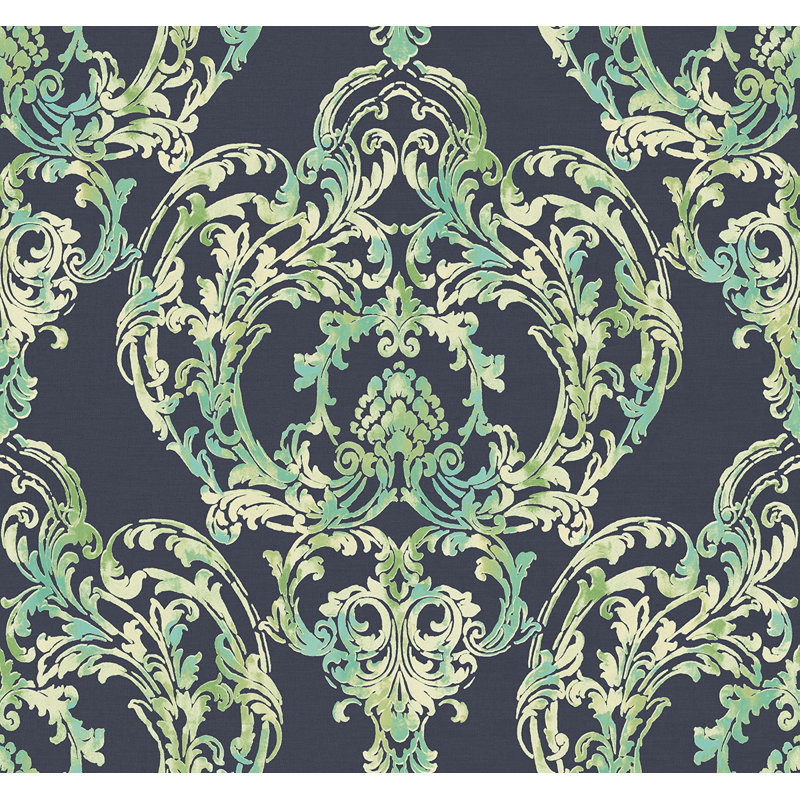 Traylor 27' L x 27" W Wallpaper Roll, Midnight Blue/Gold/Green