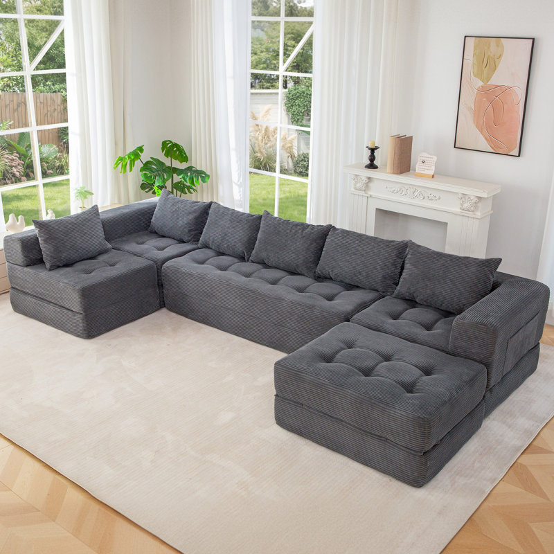 U Shaped Modular Sectional Sofa Couch Compression Sofa 7-Seat Floor Sofa Bed, 15" H x 135" W x 63" D, Gray Corduroy
