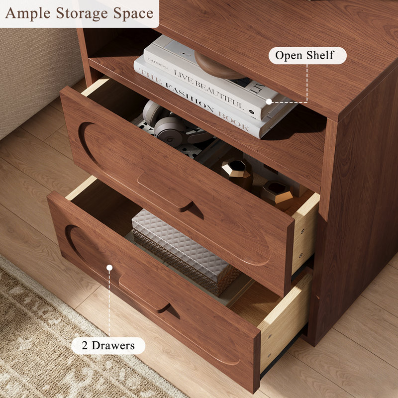 Table de chevet moderne à 2 tiroirs avec station de charge, table de chevet de 21,7 po avec poignées en bois massif et base épaissie, noyer