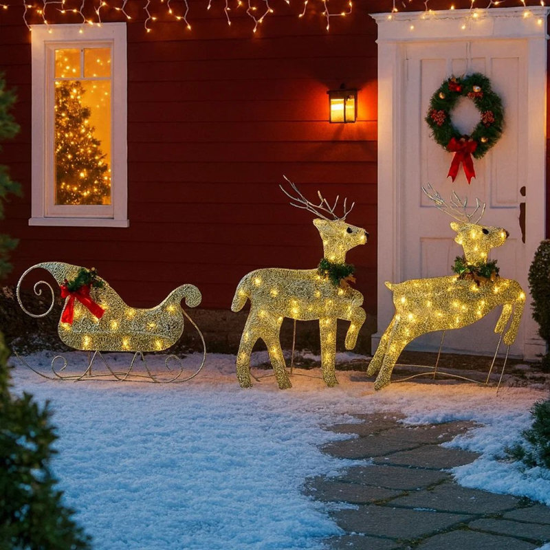 Décoration de Noël renne et traîneau 4 pièces Garden, 100 Leds, or