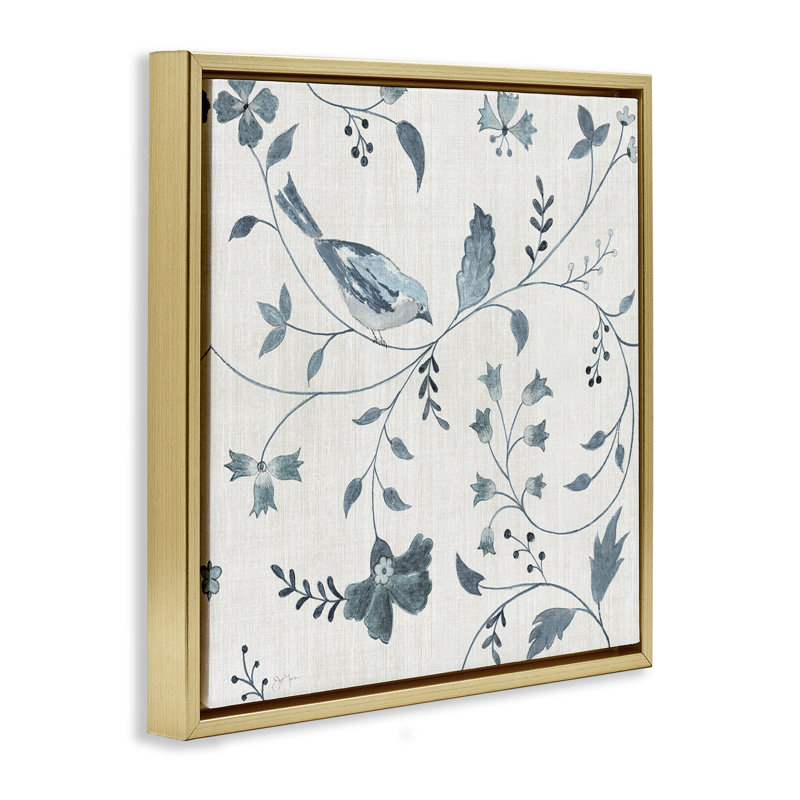 Motif de fleurs avec oiseaux perchés, Cadre flottant gris lustré, H 18 po x l 18 po