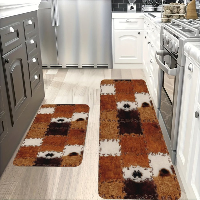 Brown White Cowhide Patchwork Kitchen Mats, 2-Piece Set Rustic Rugs For Kitchen & Cabin