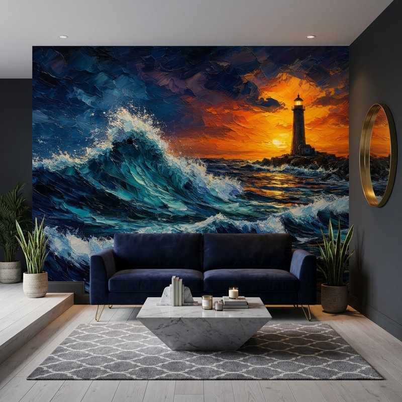 Papier peint mural paysage marin sombre, phare et vagues déchaînées, 140"x108", Peel and Stick