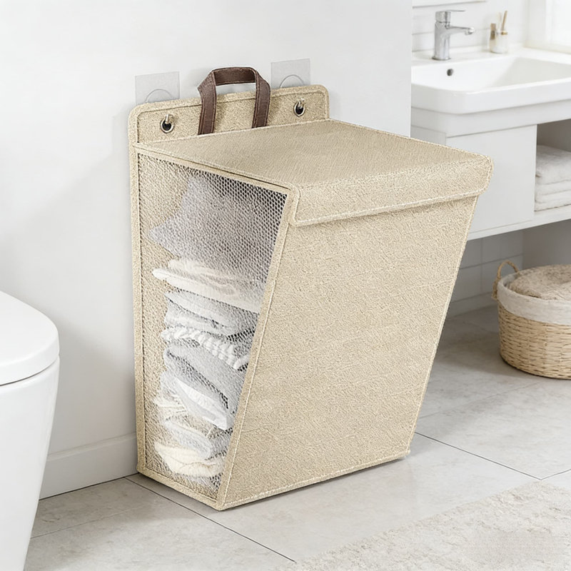 Deux paniers beiges de taille moyenne, panier à linge pliable pour la maison, la salle de bain, le dortoir - Organisateur de rangement multifonctionnel avec option de fixation murale, fabriqué en mélange de coton respirant