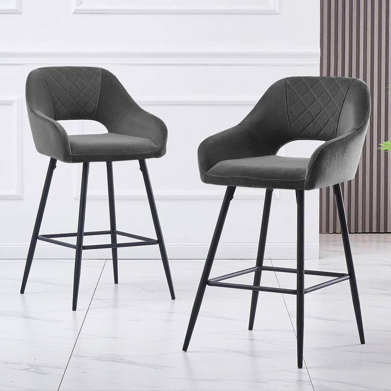 Sunni 67cm Velvet Upholstered Arm Bar Stool with Footrest, Grey