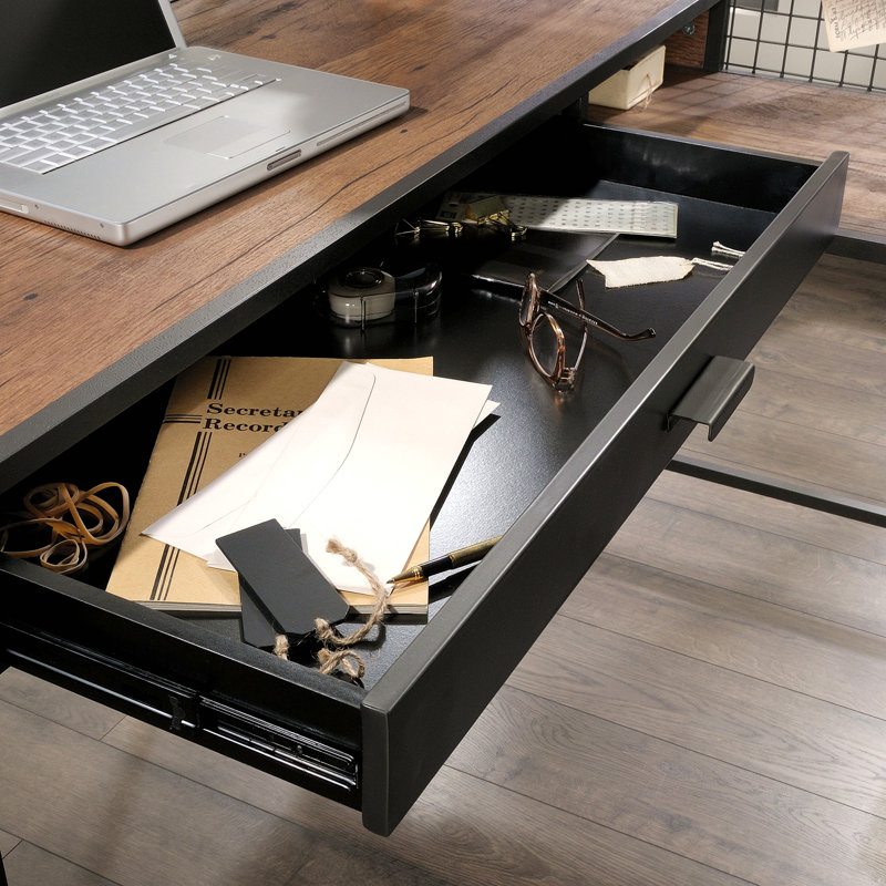 Bureau industriel en L avec 2 tiroirs et tablettes, finition brune