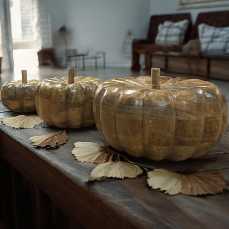 Set Of 3 Solid Wood Pumpkins 