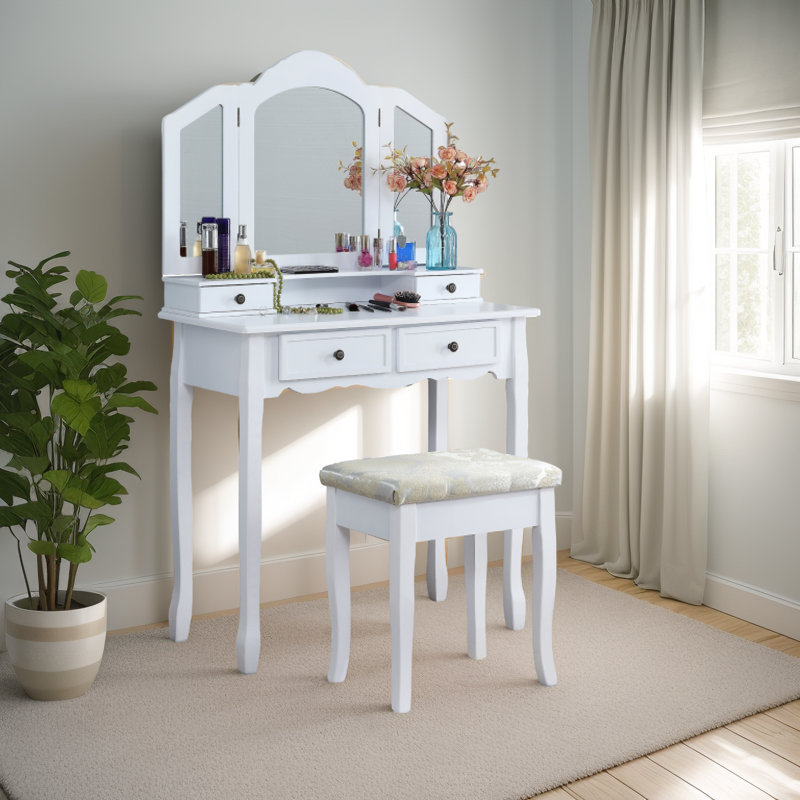 Ensemble coiffeuse et tabouret en bois Sanlo, Blanc