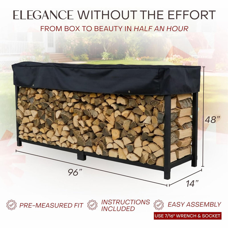 Râtelier à bois surélevé de 2,4 m avec couvercle, 1/2 corde, acier robuste avec surélévation pour une meilleure aération ; le couvercle protège le bois du dessus de l'humidité pendant le séchage du bois exposé.