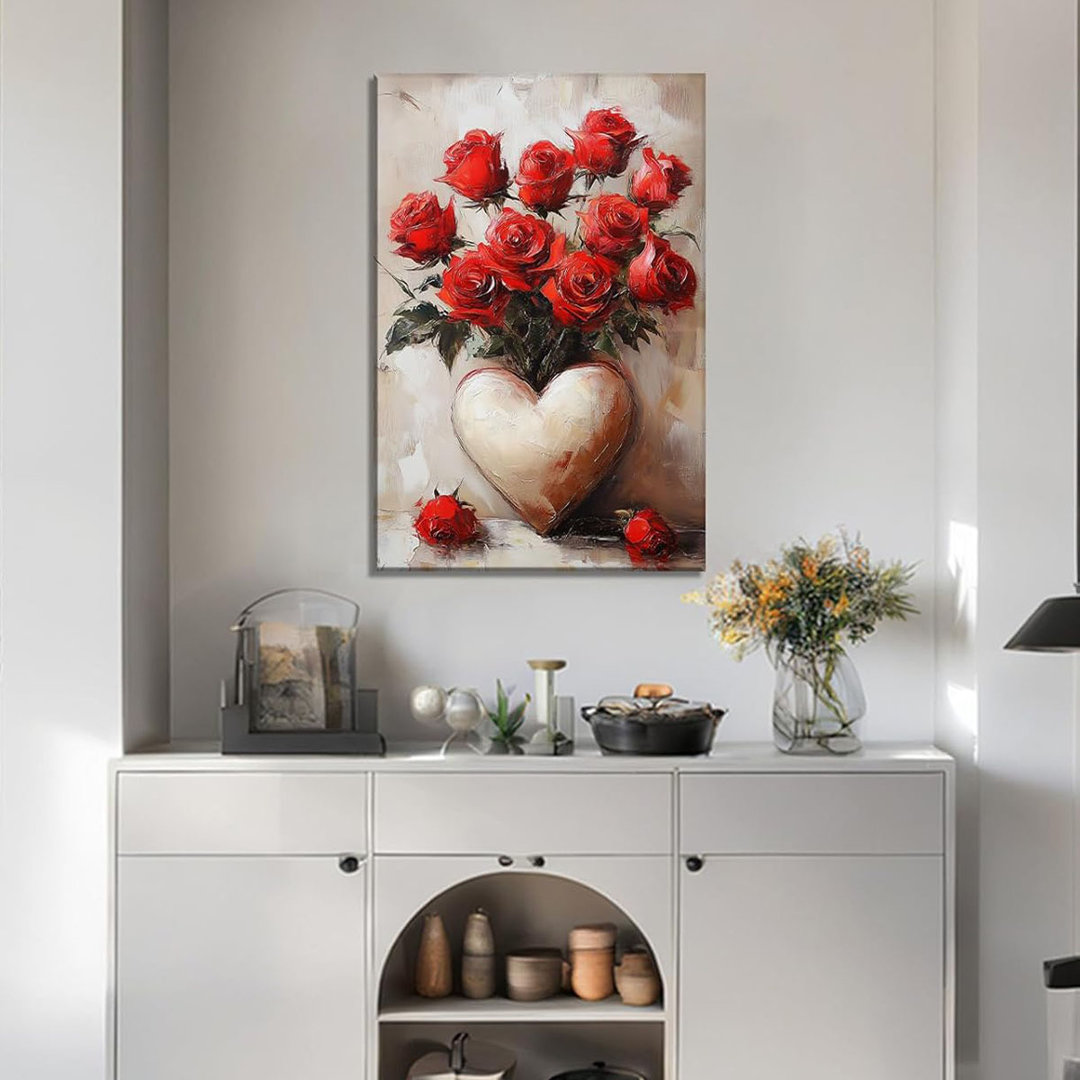 Red Rose Wall Art Romantic Valentines Canvas Prints Rustic Flowers With Love Vase Picture Vintage Painting Bathroom Living Room Bedroom Wall Decor Fra