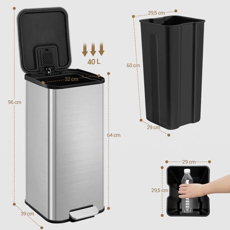 Kitchen Bin 40L, Kitchen Pedal bin with Soft-Close Lid, Removable Inner Buckets, Recycling Bins with 15 Trash Bags , Silver