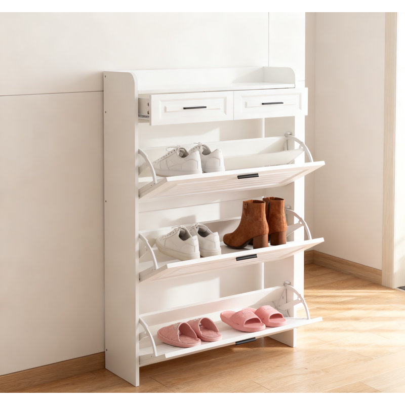 Two Drawers, Three-fold Doors, Large Storage Shoe Cabinet, White, White
