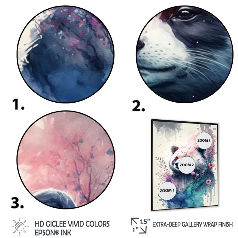 Mignon panda floral - peinture sur toile, Cadre photo noir