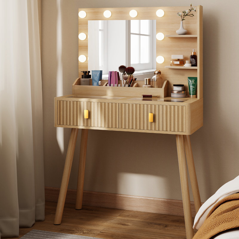 Fluted Oak Vanity Desk With Mirror Bulb Lights Makeup Desk With 2 Drawers Storage Shelves Dressing Table, Brown