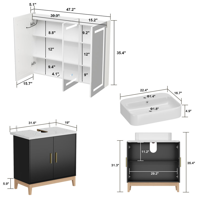 Ensemble de meuble-lavabo simple 47,2 po avec plateau en céramique et miroir Trienette
