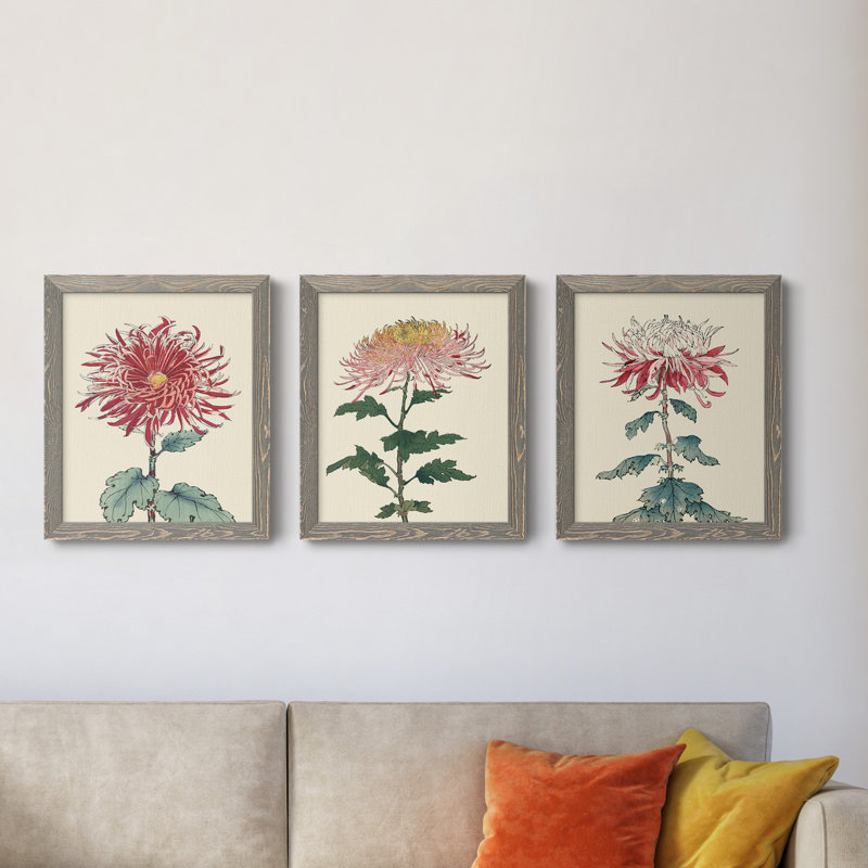 «Chrysanthemum Woodblock I», ensemble de 3 peintures sur toile encadrées, H 20 po x l 51 po x P 1,5 po, Gris