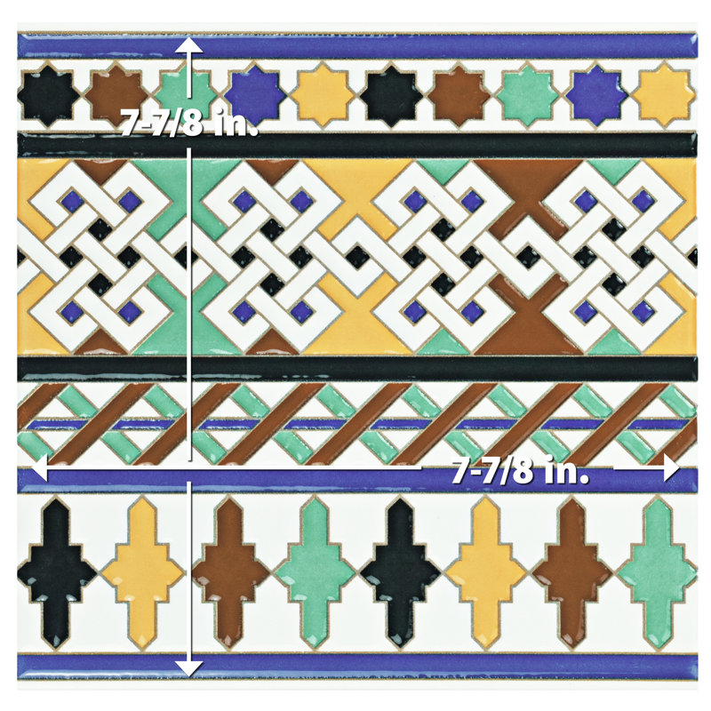 Sevillano Giralda 8" x 8" Ceramic Cenefa Border Tile in Blue/Red/Green