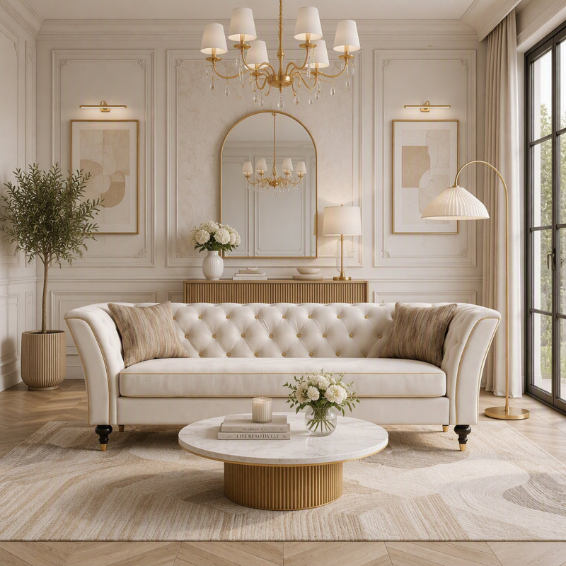 Grand canapé de 227 cm pour salon, canapé 3 places confortable avec assise profonde, Velours blanc crème