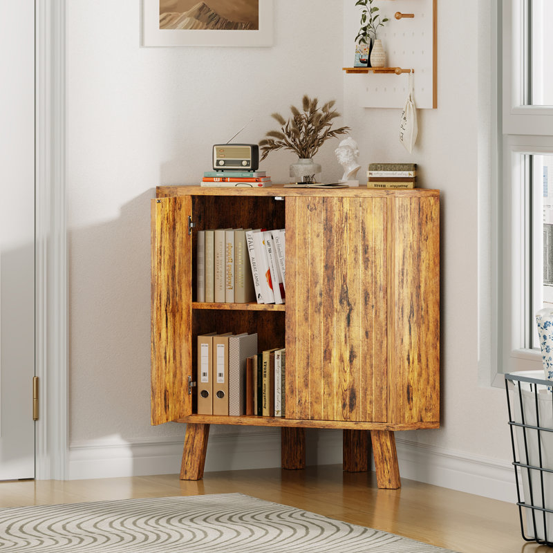 Armoire d'angle 31,5 po avec portes, tablette de coin cannelée industrielle à 3 niveaux avec tablette réglable, table de bout triangulaire autoportante pour le salon, la chambre à coucher, la cuisine, la salle de bain, brun