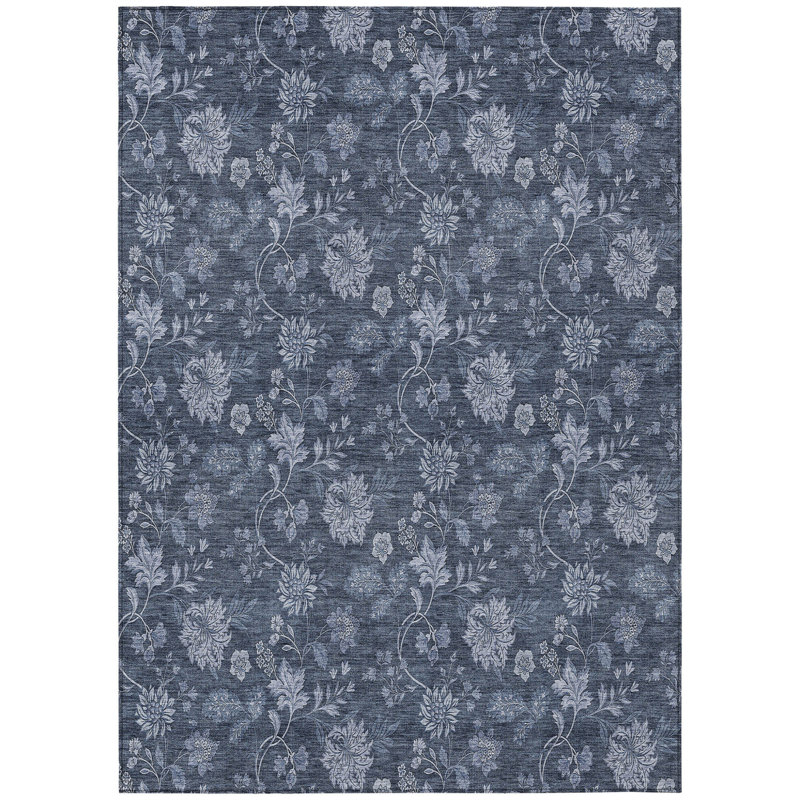 HomeRoots 3' X 5' Denim Blue And Navy Blue Floral Washable Indoor Outdoor Area Rug