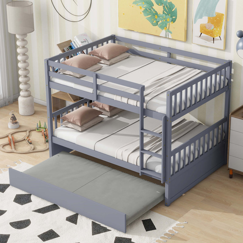 Grey Rubber Wood Full-Over-Full Bunk Bed With Trundle, Ladder, And Guardrails – Convertible To Two Full Beds, Gray