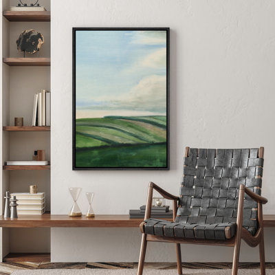 Paysage vert abstrait avec nuages, rivière, décor simple minimaliste