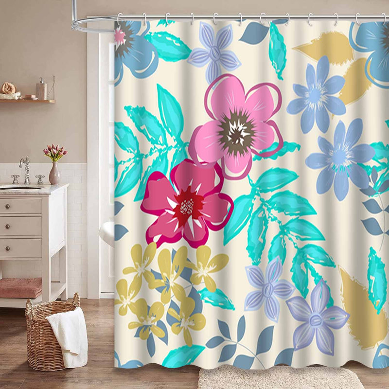 Rideau de douche imperméable à motif floral rétro avec 12 crochets, L 72 po x l 84 po