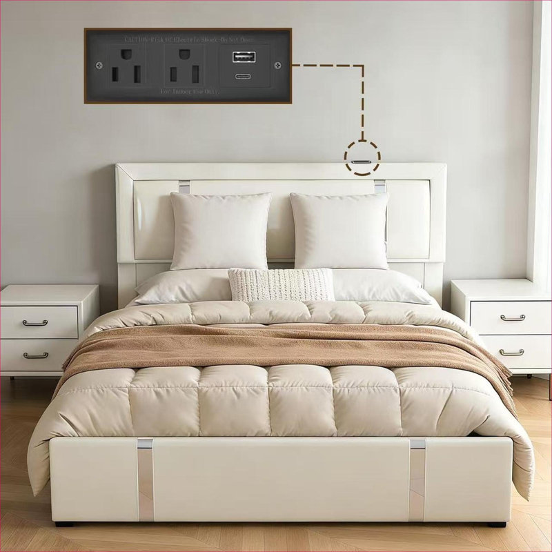 Structure de lit plateforme blanche et impeccable, lit de rangement pour grand lit, similicuir avec lumières DEL réglables et ports de charge USB-C