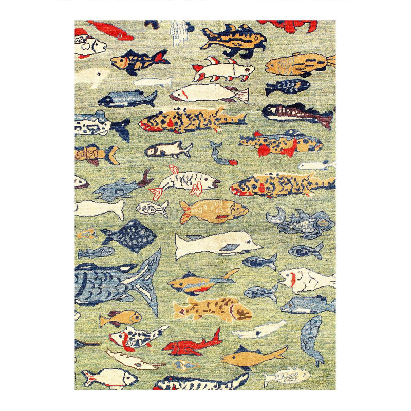 Tapis géométrique en laine / coton géométrique fait à la main 5 pi x 8 pi bleu / blanc / beige