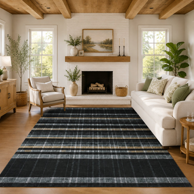 Tapis lavable à carreaux à poils courts avec envers antidérapant, Black, 9 x 12 pi