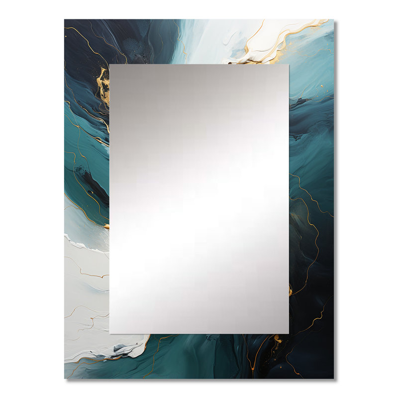 Or et vert abstrait cascade de marbre VI - peinture abstraite murale miroir, miroir décoratif doré, impression sur métal