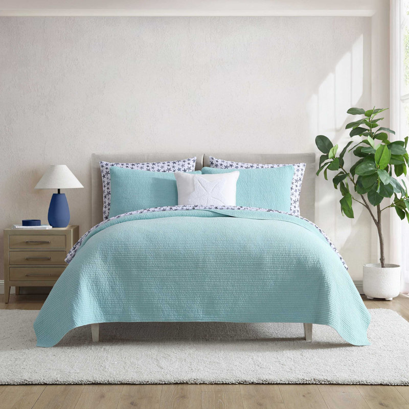 Ensemble de courtepointe réversible en coton Nautica, Bleu, Courtepointe pour lit simple + 1 taie décorative 