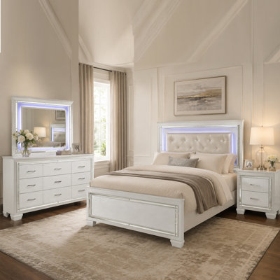 Ensemble de chambre double, rangement de tiroir, blanc, ensemble de 4 pièces avec table de chevet, commode et miroir