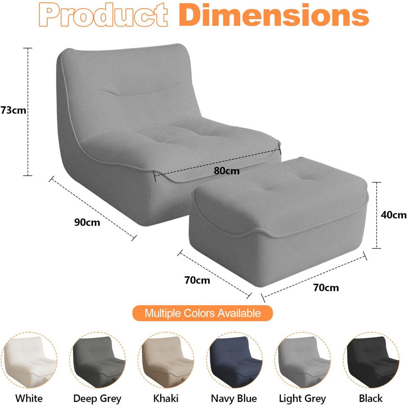  Oversized Faux Fur Bean Bag Chair With Matching Ottoman Ergonomic Indoor Lounge Furniture, Beige, Light Gray