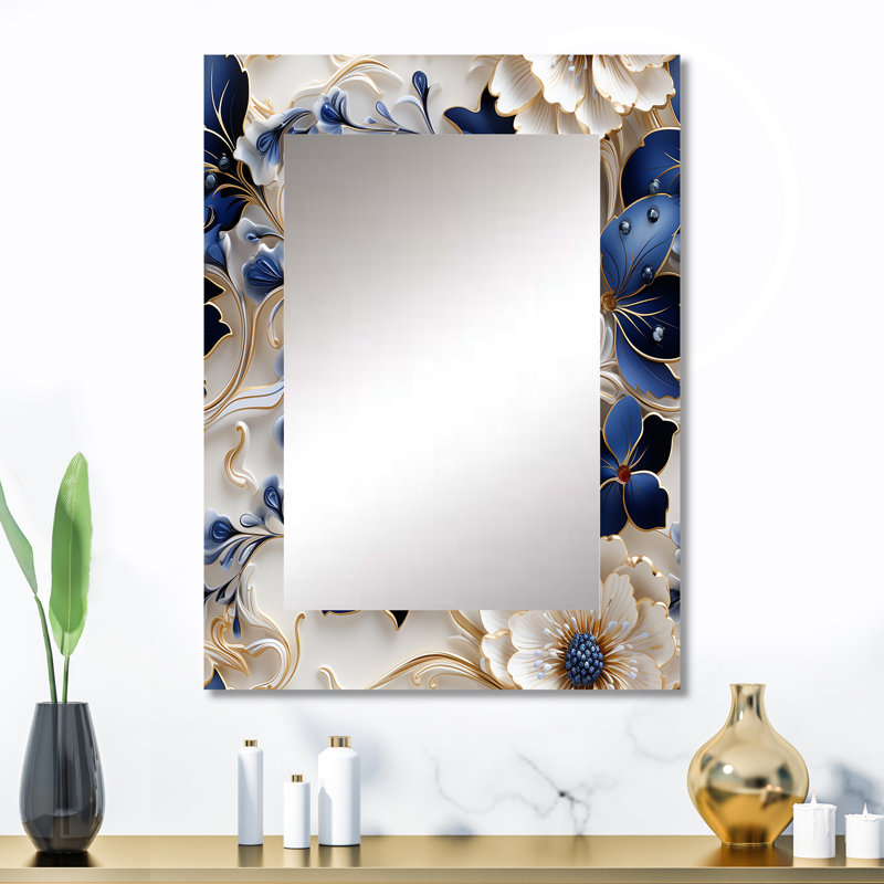 Latham bleu cobalt filigrane motif victorien - miroir floral unique, grand miroir mural floral, impression d'art en métal