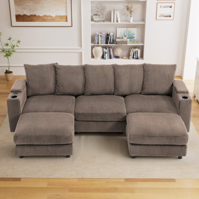 109 Inch Wide Corduroy Modular Sectional Sofa with Ottomans and Cup Holders
