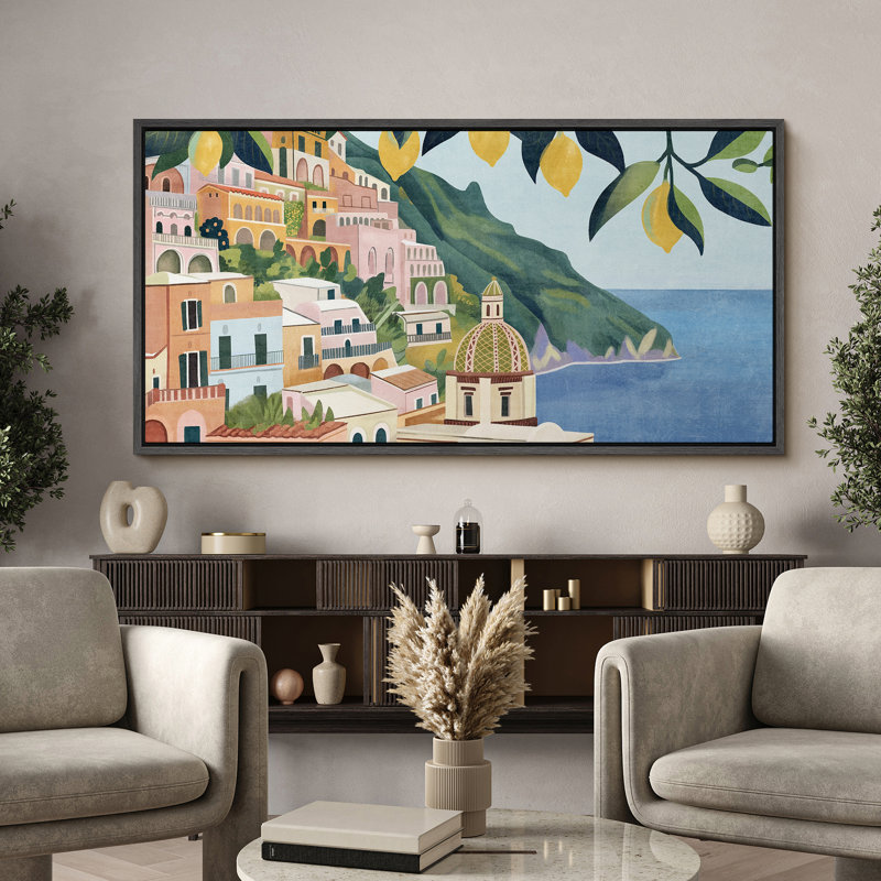 Village côtier méditerranéen avec citronnier rétro rétro, illustrations d'art colorées, H 30 po x l 60 po