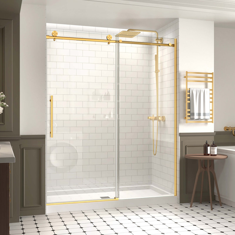 60 in. W X 74 in. H Soft Close Single Sliding Frameless Shower Door with 5/16 in. (8mm) Clear Tempered Glass, Gold