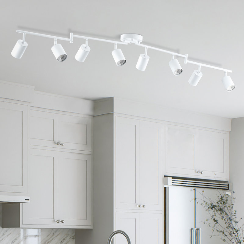 Luminaire sur rail 8 lumières avec têtes réglables et 8 ampoules incluses, Blanc, Blanc