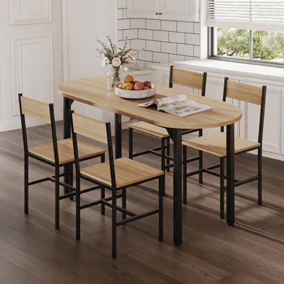 Ensemble de table de salle à manger 5 pièces pour 4 personnes, ensemble de table et chaises de cuisine ovales modernes avec structure en acier robuste, mobilier de salle à manger peu encombrant pour appartement, coin-repas et petits espaces