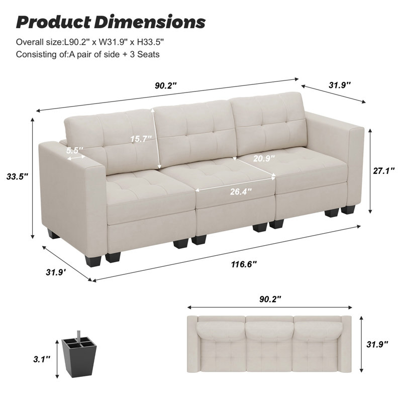 Buckleton Modern 3 Seat Velvet Sectional Couch with Tufted Cushions and Storage Apartment Size Sofa, Beige Velvet