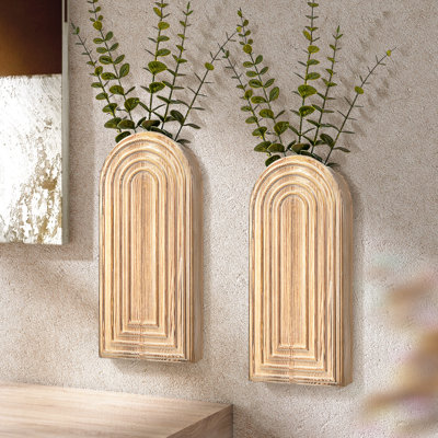 EOSAHR Pine Wood Set of 2 Wall Vases – Farmhouse Wall Decor for Bedroom, Living Room, Bathroom & Office – Hanging Planters for Indoor Plants with Best Boho Decor (Natural Wood, No Plants)