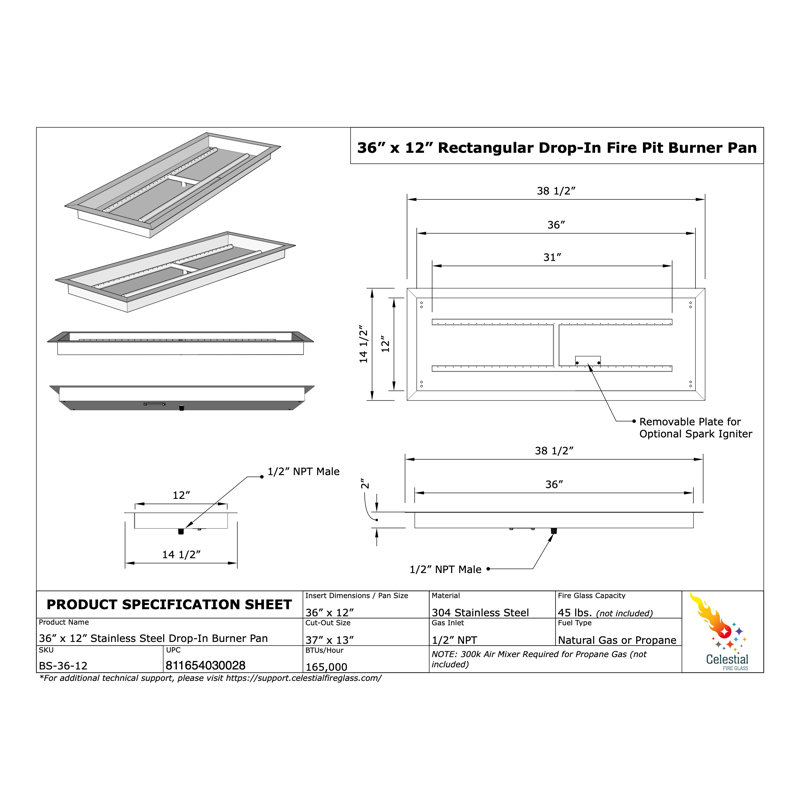 36" Rectangular Stainless Steel Fire Pit Burner with Pan