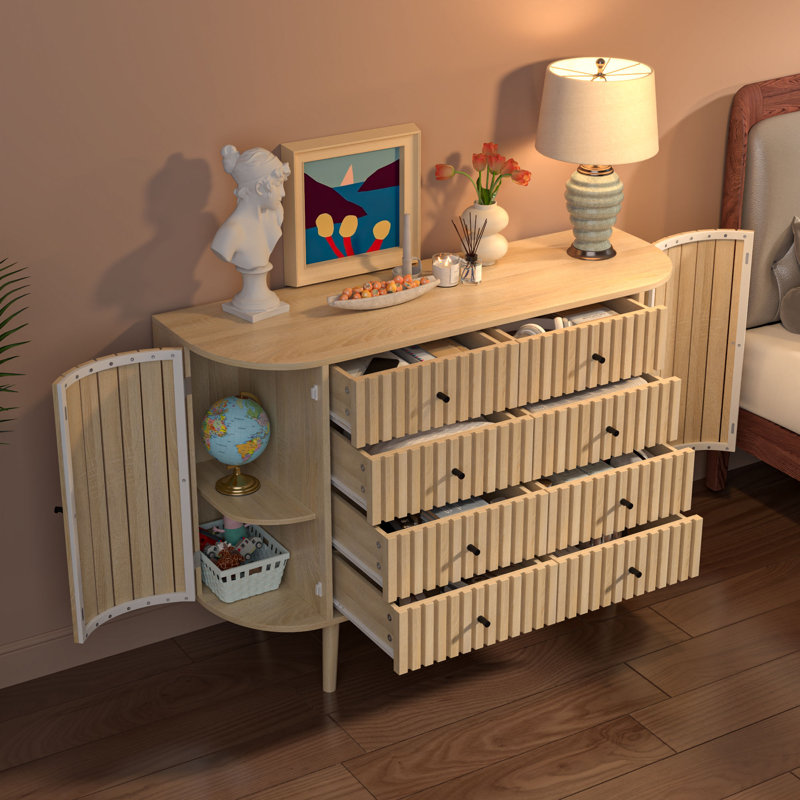 8 Drawers Dresser With Doors, Fluted Chest Of Drawers, Farmhouse Clothes Storage Organizer For Bedroom, Wood