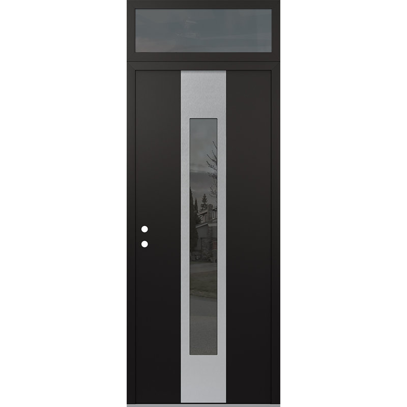 Porte d'entrée pré-suspendue en acier argenté à panneau gauche Diamond, Noir, Miroitant